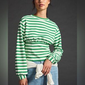 Anthropologie Maeve Green&White stripes Size SP Soft Knit Blouse